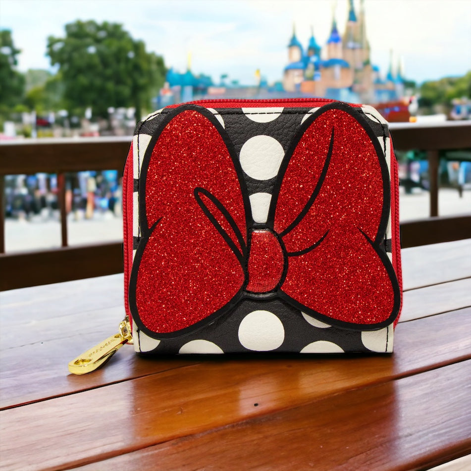Disney Minnie Mouse Glitter Bow Zip Around Square Wallet