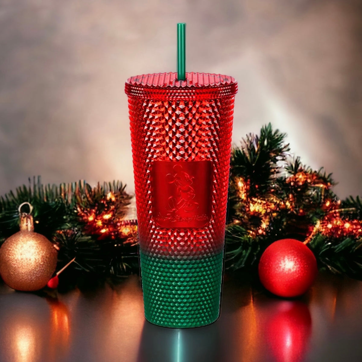 Starbucks Mickey WDW Christmas Tumbler with Straw Red Green Sbuxxmas