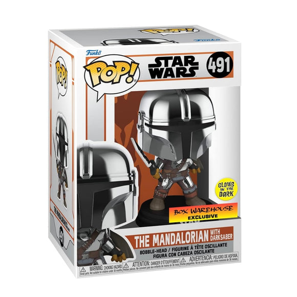 Funko POP! Star Wars Mandalorian With Dark Saber Exclusive Glow Figure #491!