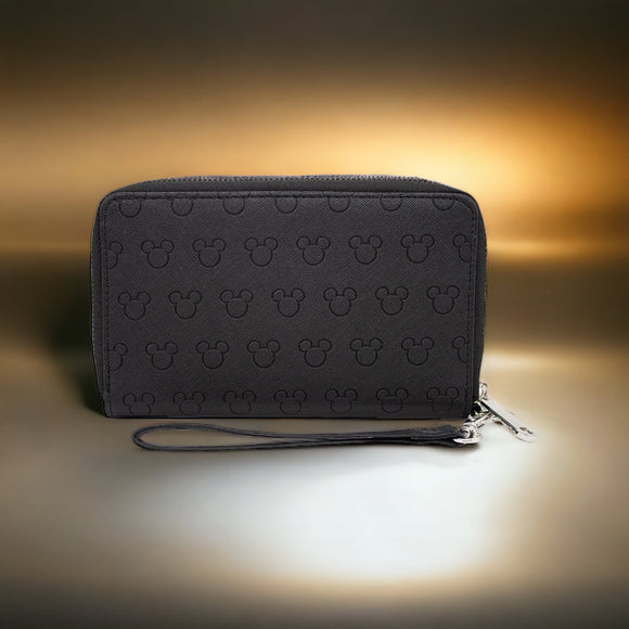 Buckle Down Women's Disney Wallet, Rectangle Zip Around, Mickey Mouse Ears Icon Outline Embossed, Black Vegan Leather, 7.5x4.5