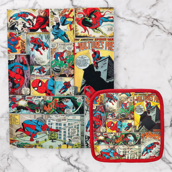 Marvel Spider-Man Retro Comic Book Tea Towel & Hot Pad Set of 2
